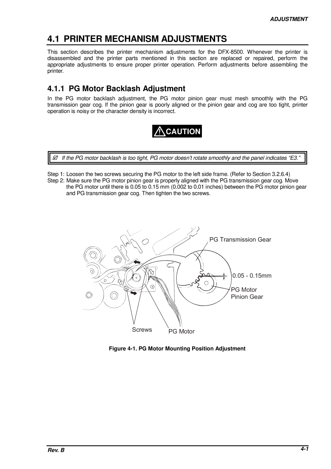 Epson DFX-8500 service manual Printer Mechanism Adjustments, PG Motor Backlash Adjustment 