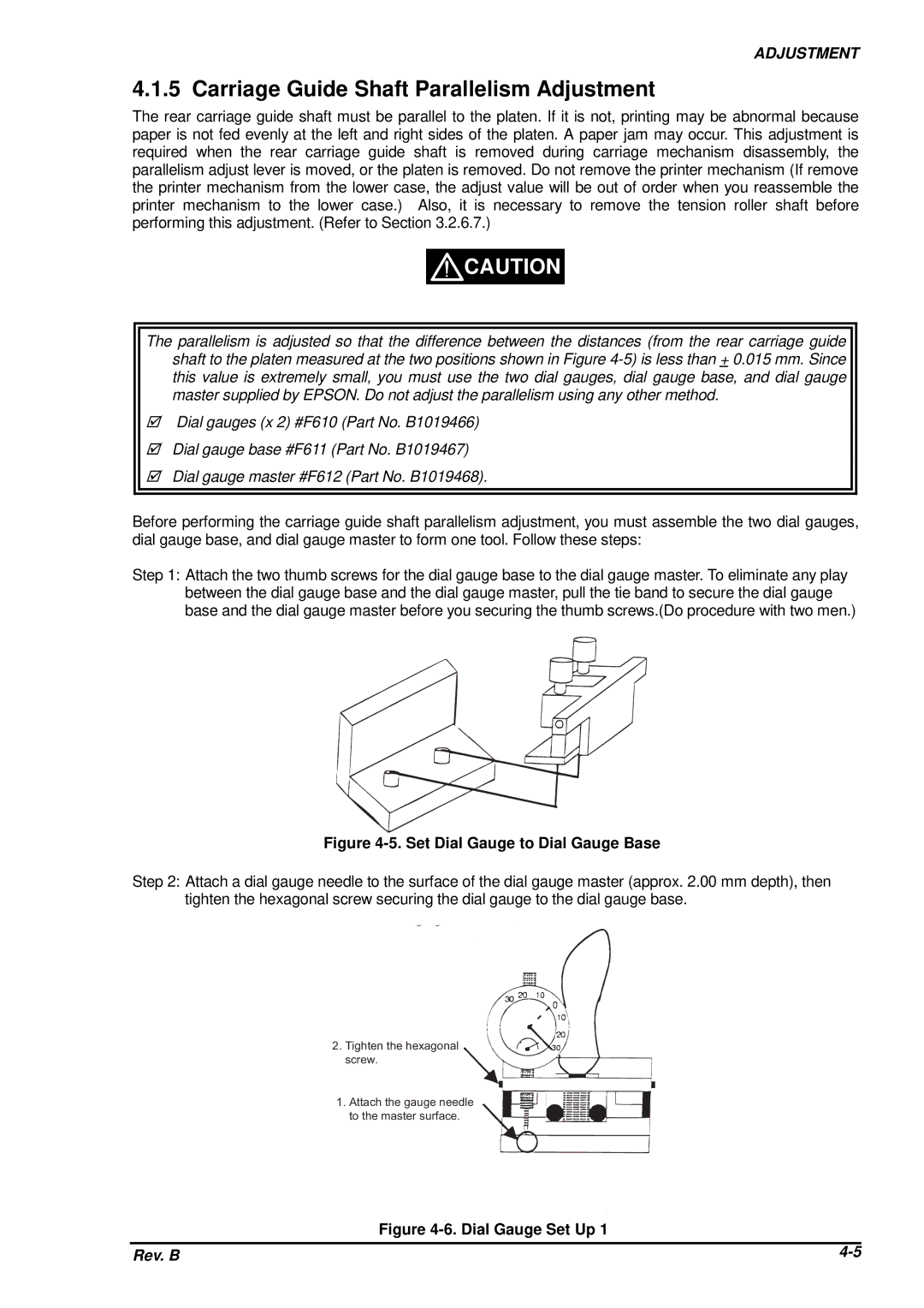 Epson DFX-8500 service manual Carriage Guide Shaft Parallelism Adjustment, Set Dial Gauge to Dial Gauge Base 