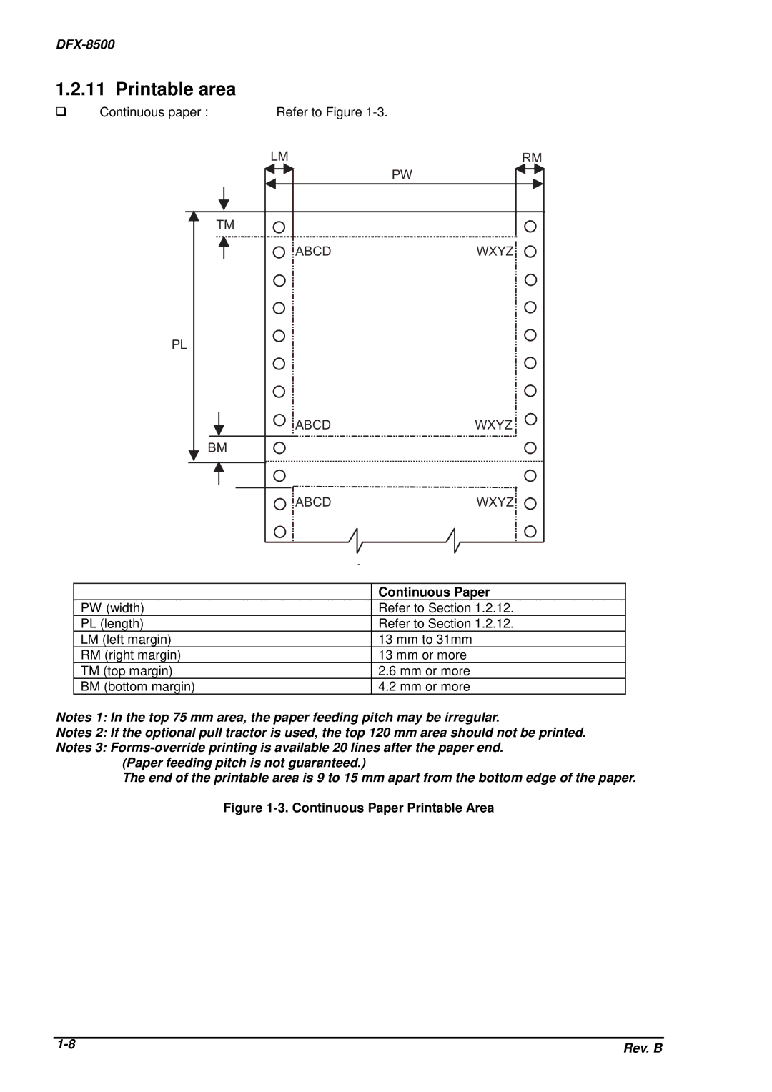 Epson DFX-8500 service manual Printable area, Continuous Paper 