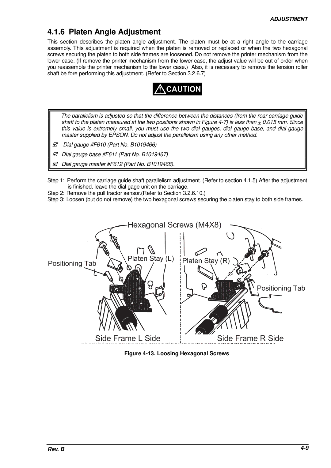 Epson DFX-8500 service manual Platen Angle Adjustment, Loosing Hexagonal Screws 