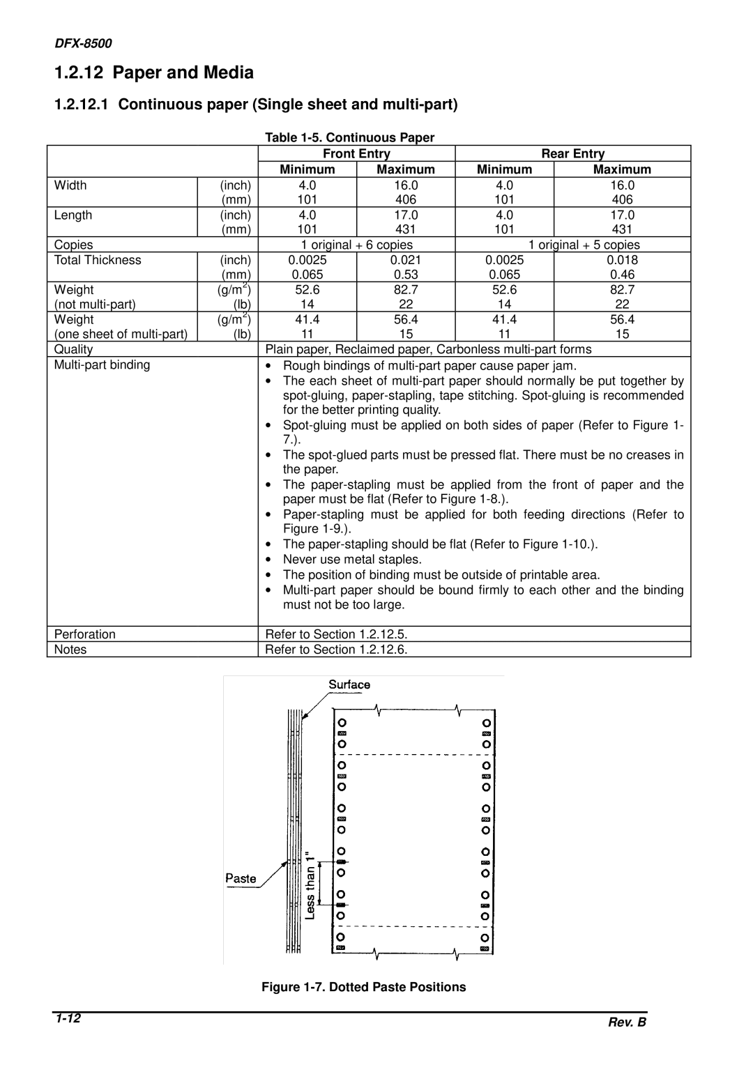 Epson DFX-8500 service manual Paper and Media, Continuous paper Single sheet and multi-part 