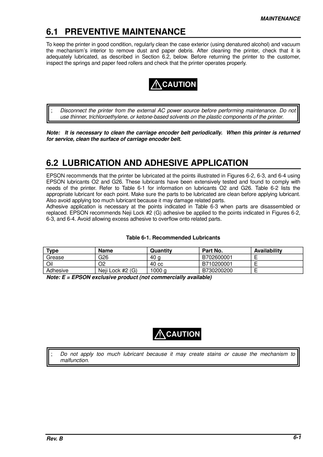 Epson DFX-8500 service manual Preventive Maintenance, Lubrication and Adhesive Application 