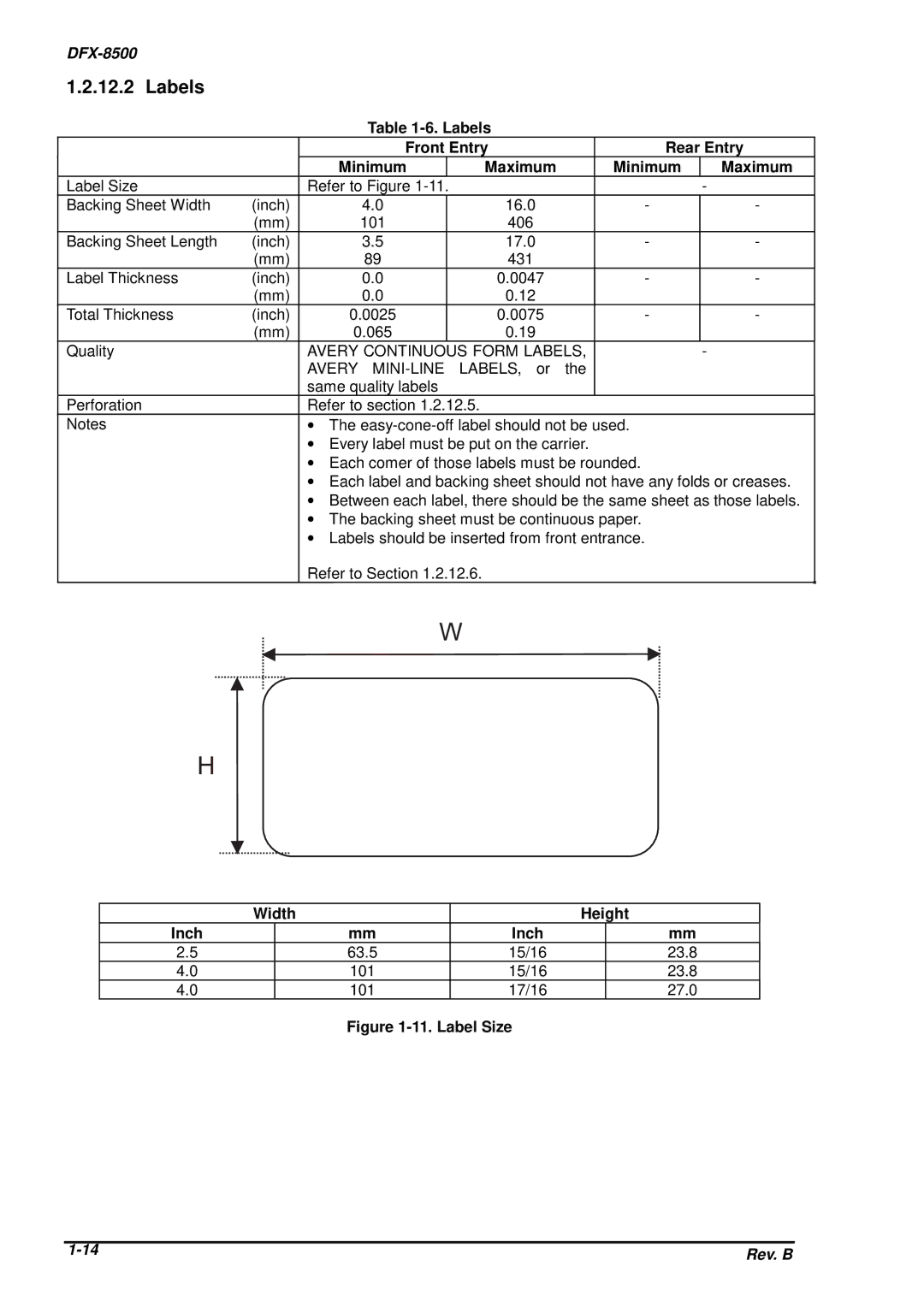 Epson DFX-8500 service manual Labels Front Entry Rear Entry Minimum Maximum, Form Labels, Width Height Inch 