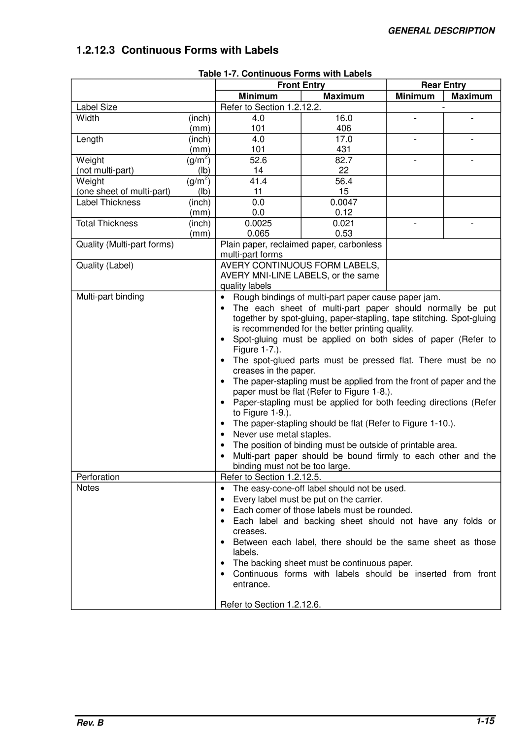 Epson DFX-8500 service manual Continuous Forms with Labels, Avery Continuous Form Labels 