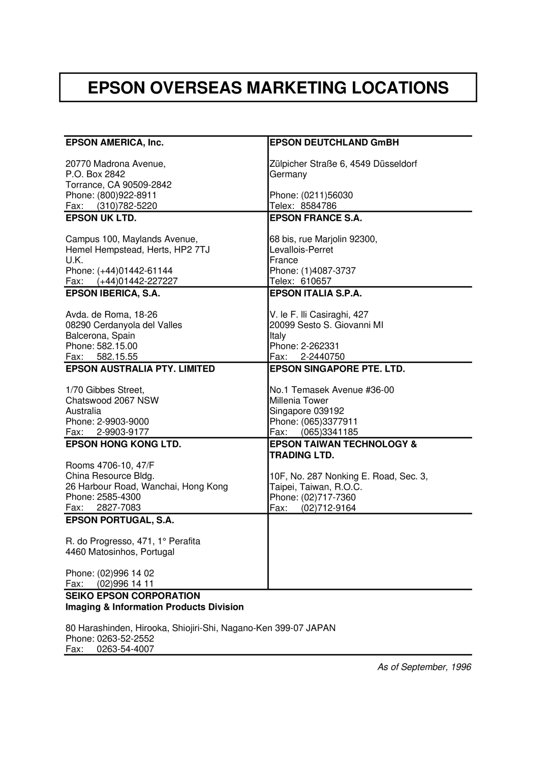 Epson DFX-8500 service manual Epson AMERICA, Inc Epson Deutchland GmBH, Imaging & Information Products Division 