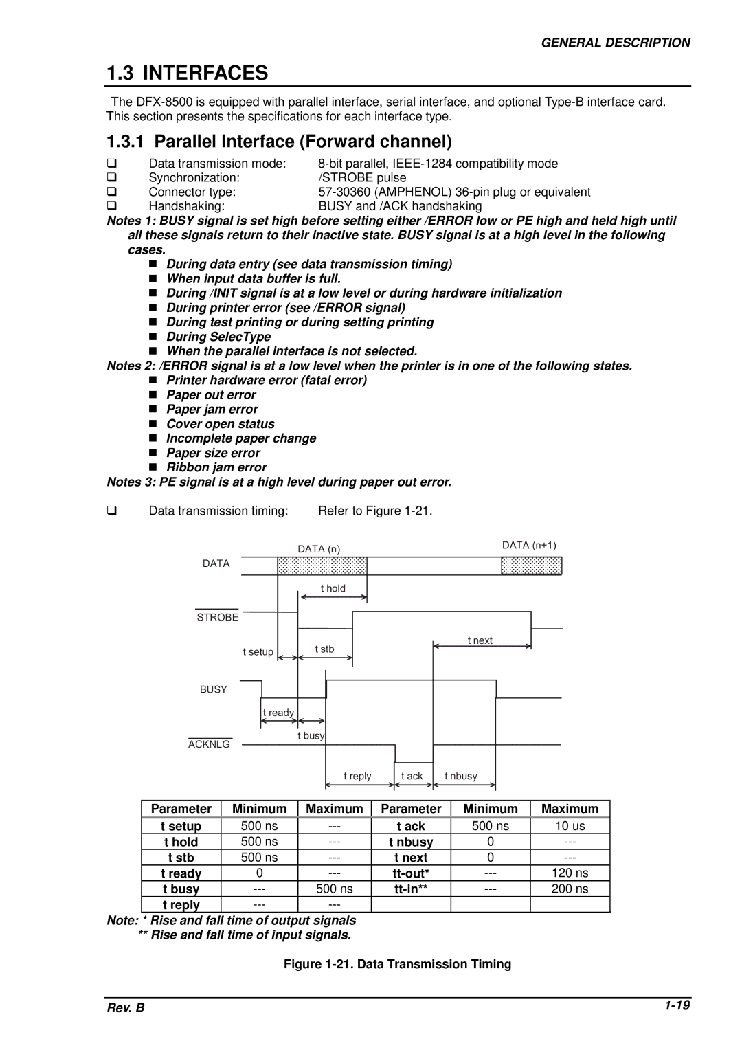 Epson DFX-8500 service manual Interfaces, Parallel Interface Forward channel 