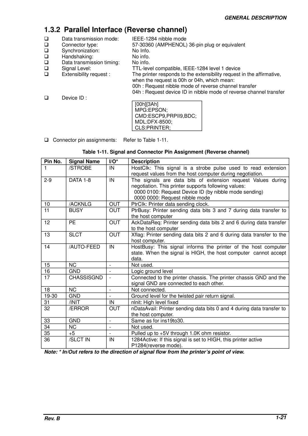 Epson DFX-8500 service manual Parallel Interface Reverse channel 