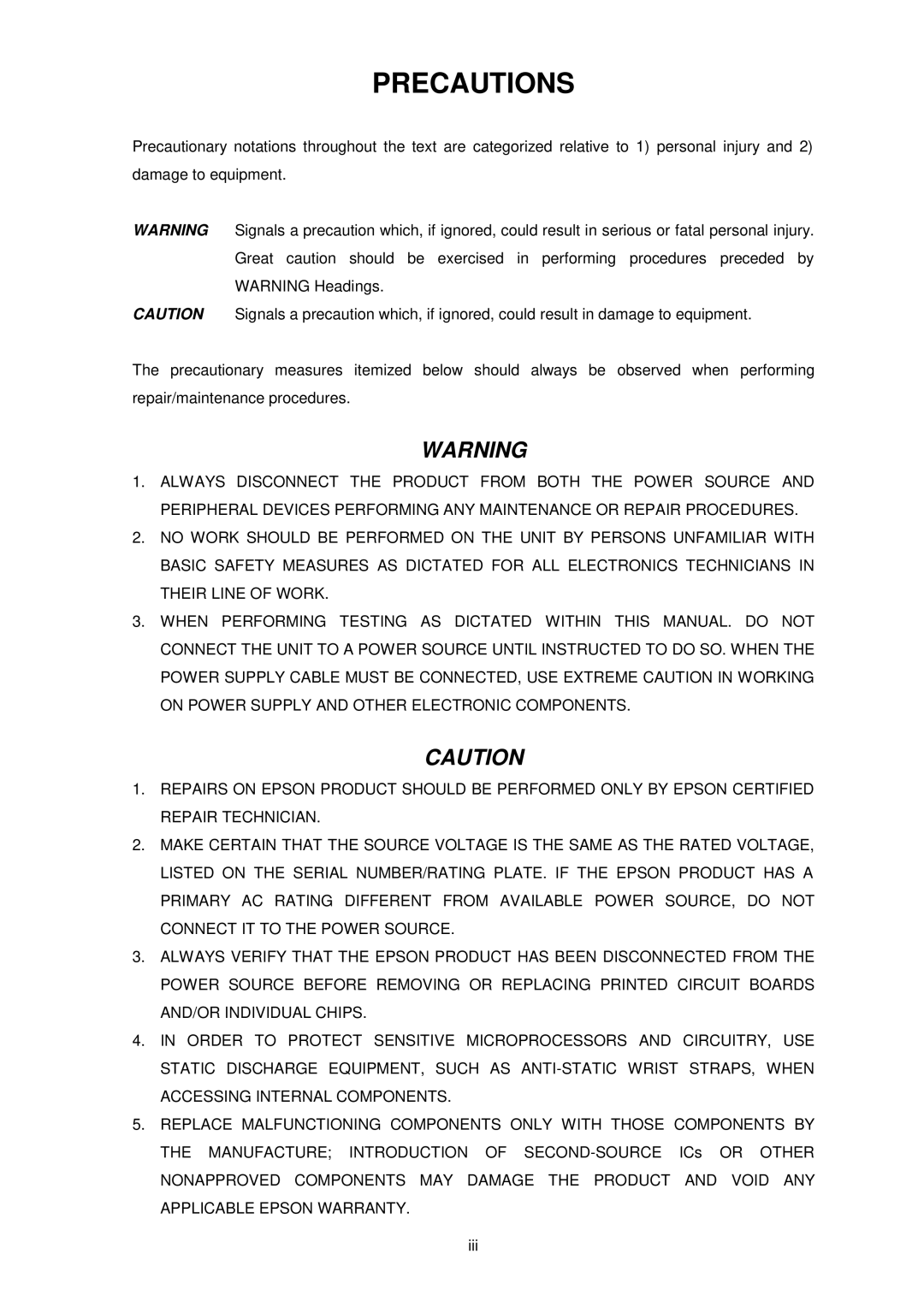 Epson DFX-8500 service manual Precautions 