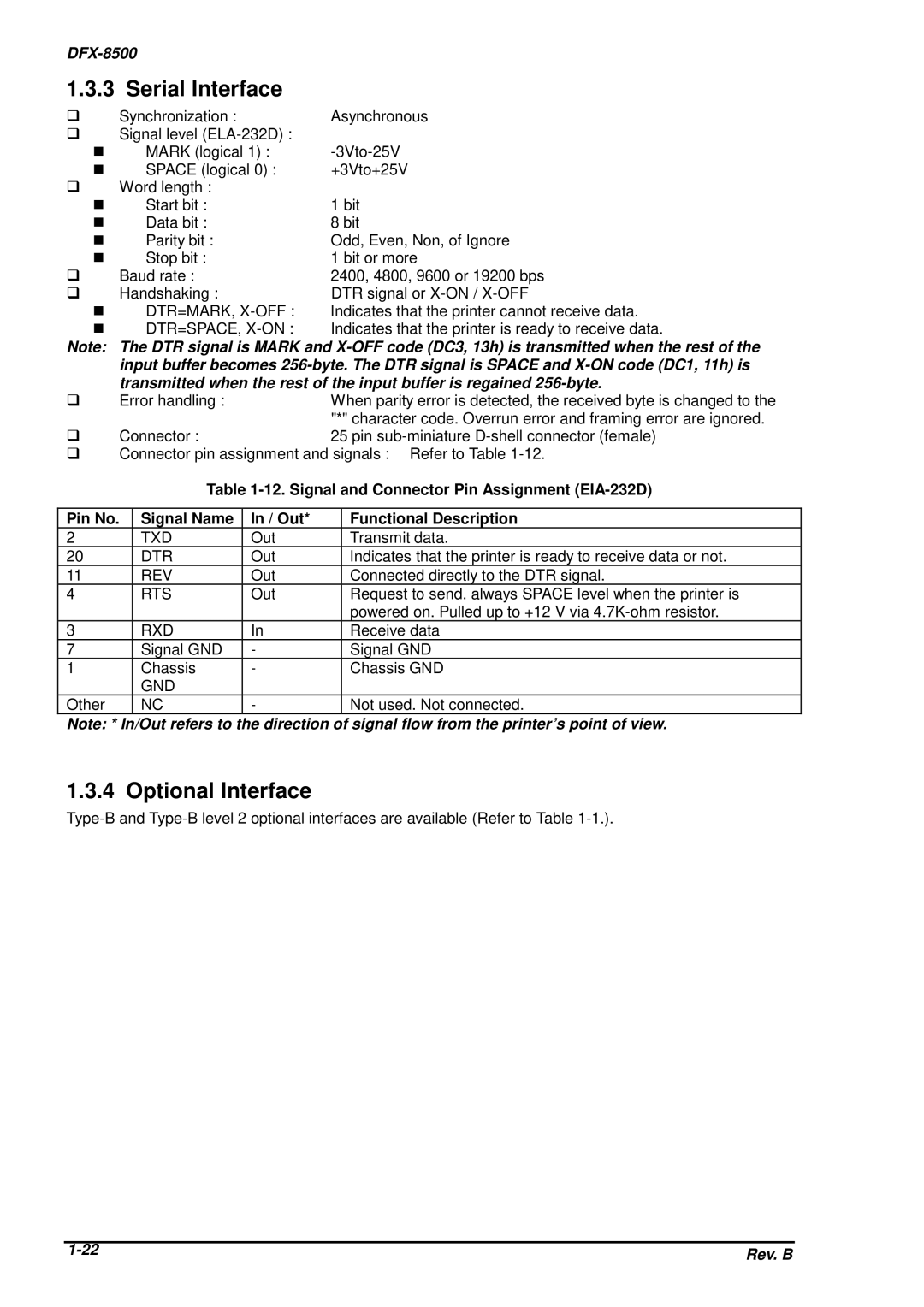 Epson DFX-8500 service manual Serial Interface, Optional Interface 