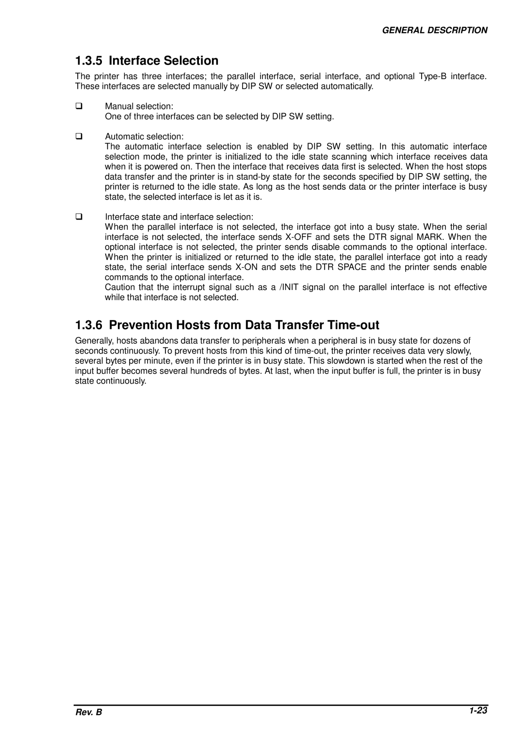 Epson DFX-8500 service manual Interface Selection, Prevention Hosts from Data Transfer Time-out 