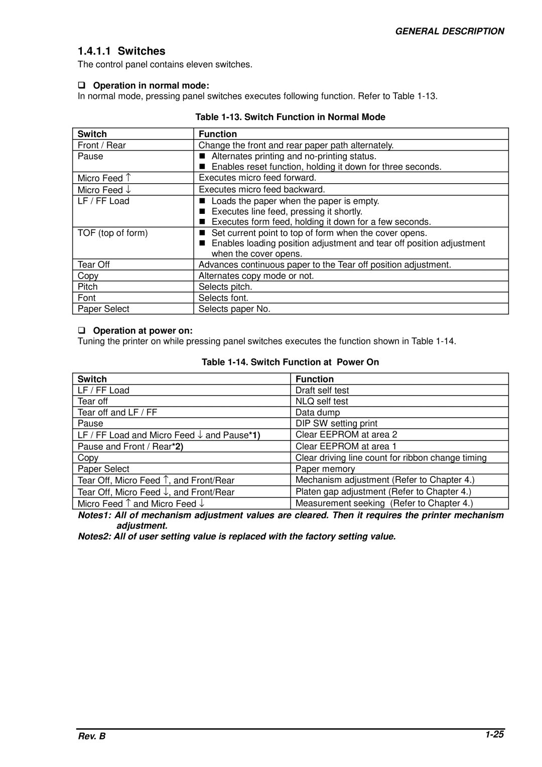 Epson DFX-8500 service manual Switches 