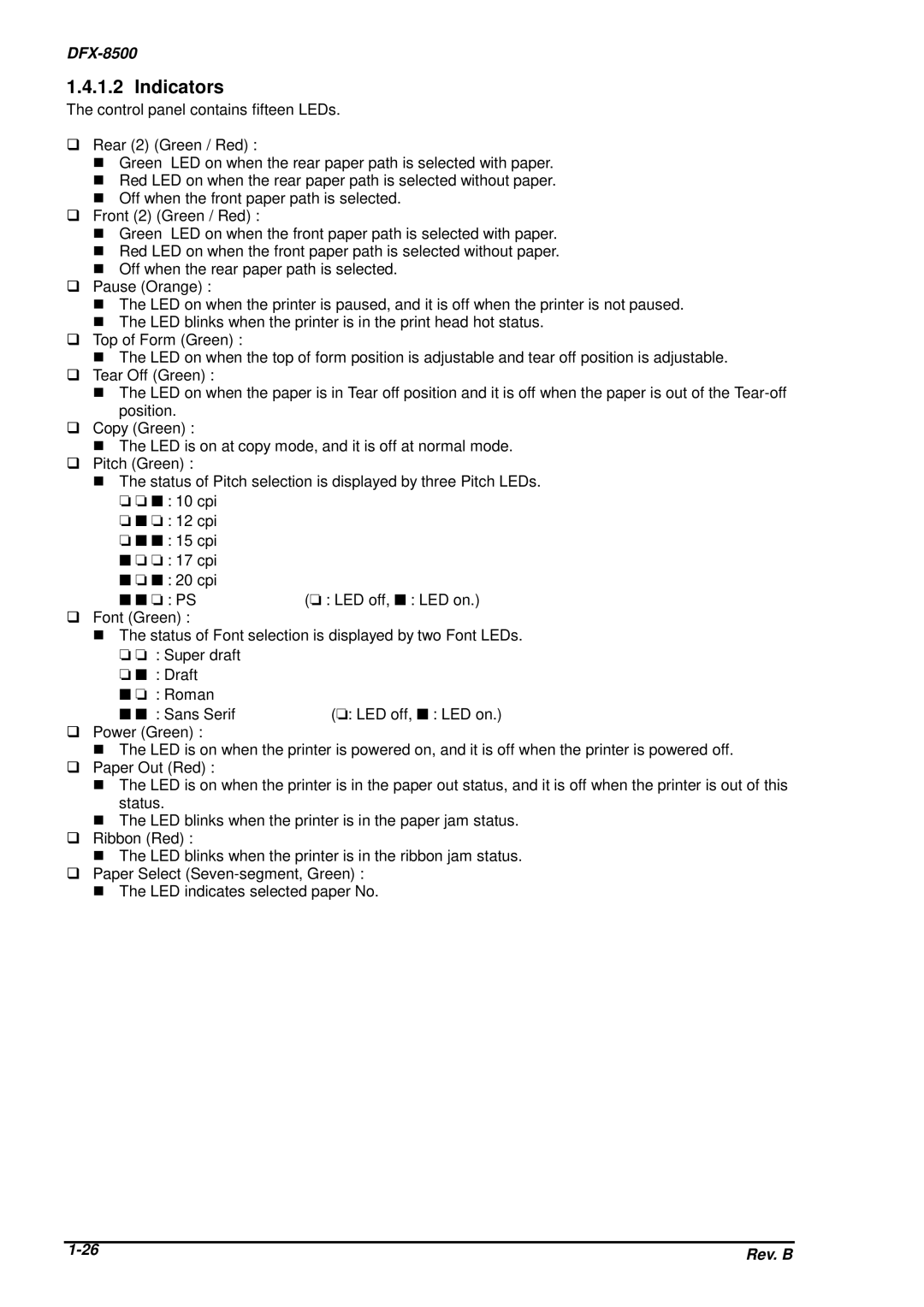 Epson DFX-8500 service manual Indicators 