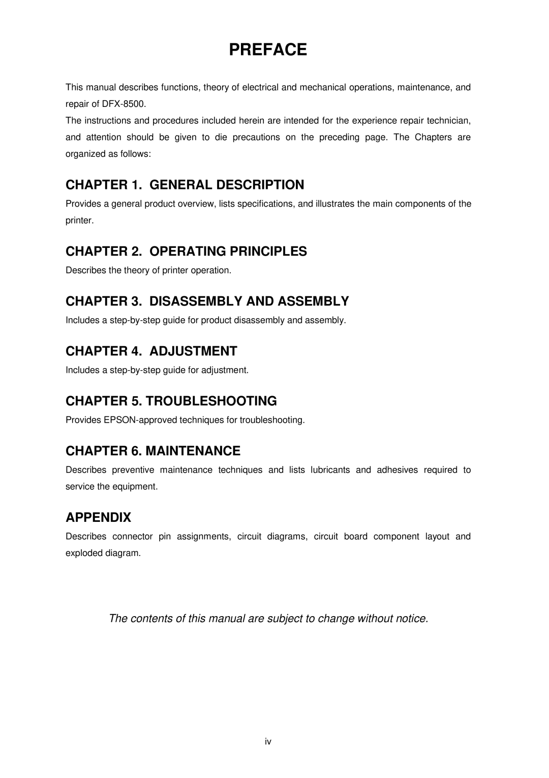 Epson DFX-8500 service manual Preface 