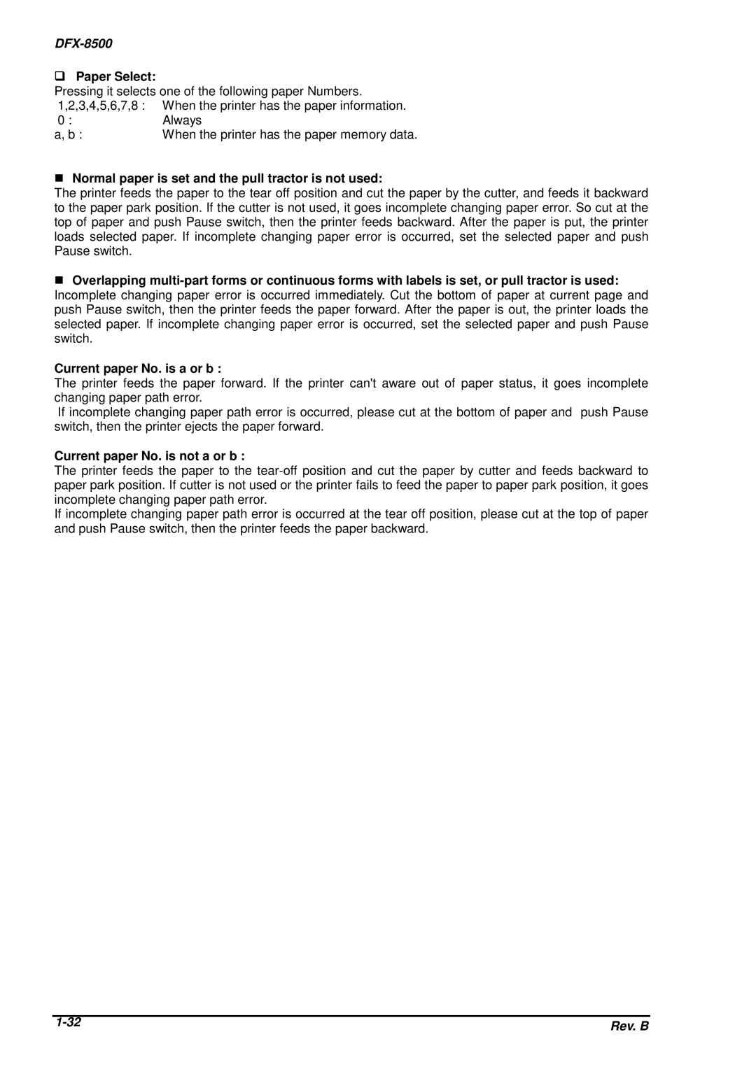 Epson DFX-8500 service manual ‰Paper Select, Current paper No. is a or b, Current paper No. is not a or b 