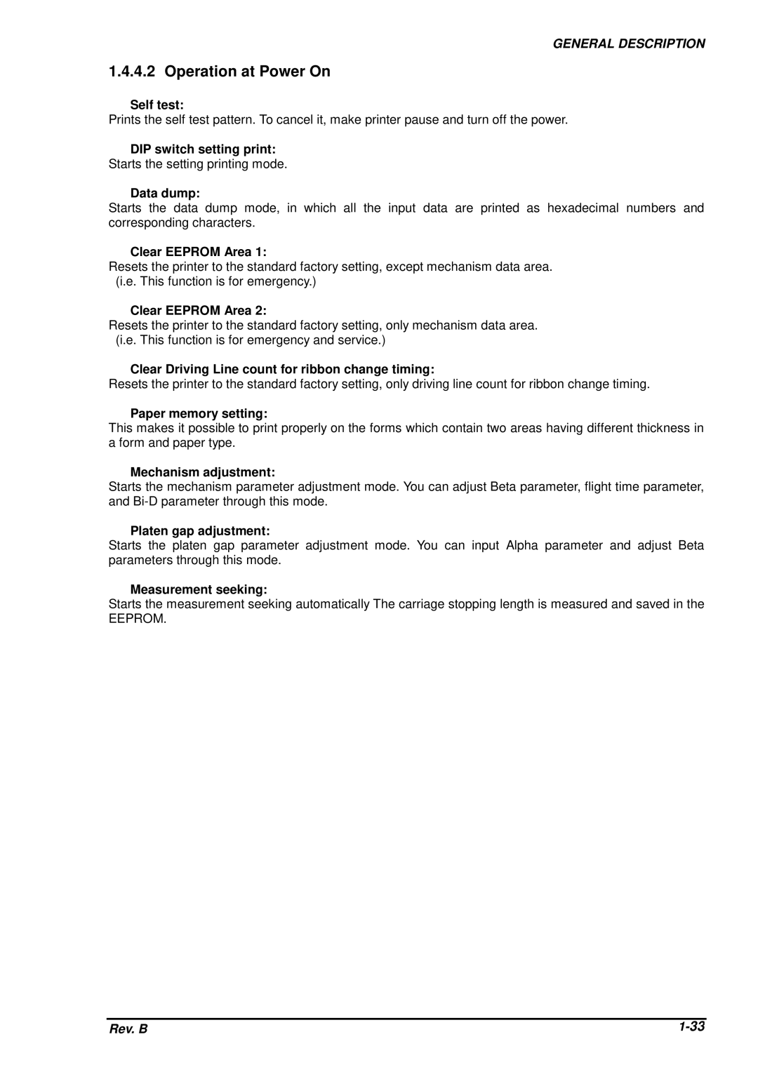 Epson DFX-8500 service manual Operation at Power On 