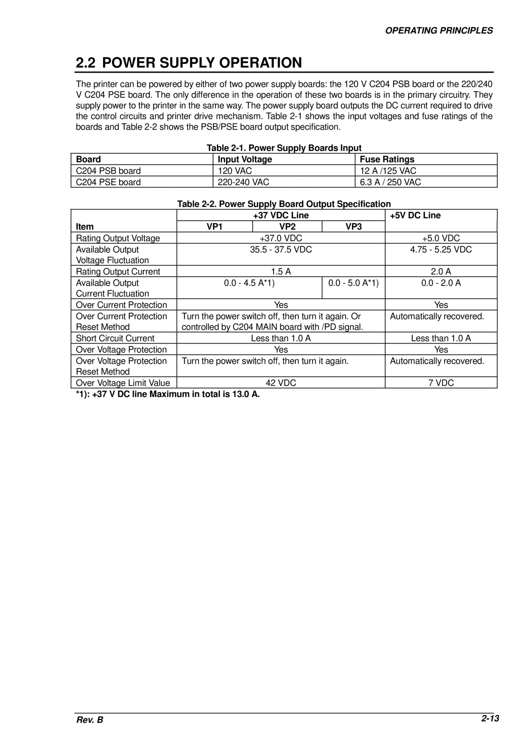 Epson DFX-8500 service manual Power Supply Operation, Power Supply Boards Input Input Voltage Fuse Ratings, +5V DC Line 