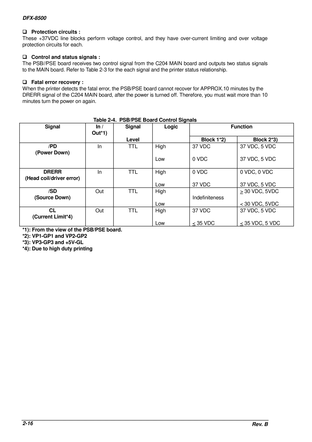 Epson DFX-8500 service manual ‰Protection circuits, ‰Control and status signals, ‰Fatal error recovery, Block 1*2 Block 2*3 