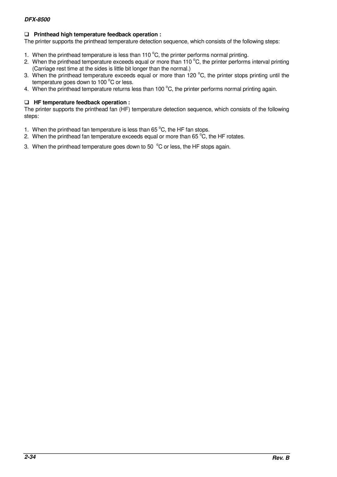 Epson DFX-8500 service manual ‰Printhead high temperature feedback operation, ‰HF temperature feedback operation 