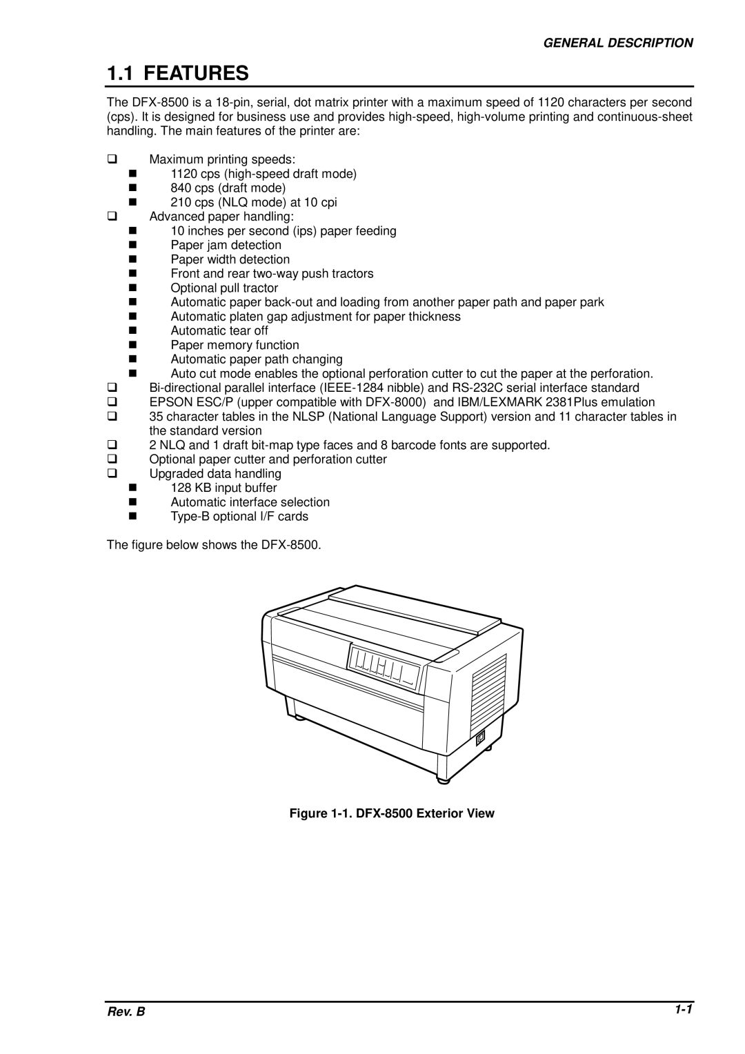 Epson service manual Features, DFX-8500 Exterior View 