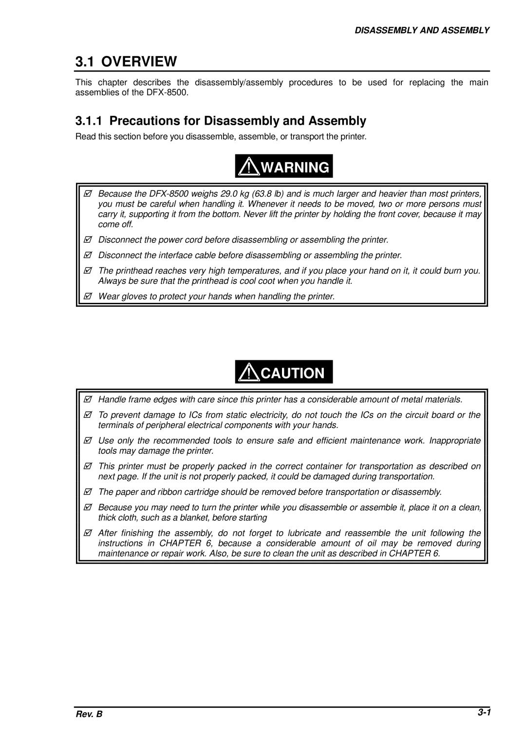 Epson DFX-8500 service manual Overview, Precautions for Disassembly and Assembly 