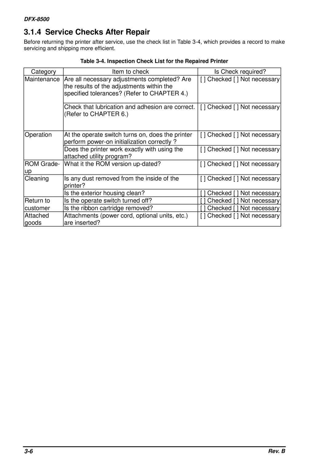 Epson DFX-8500 service manual Service Checks After Repair, Inspection Check List for the Repaired Printer 