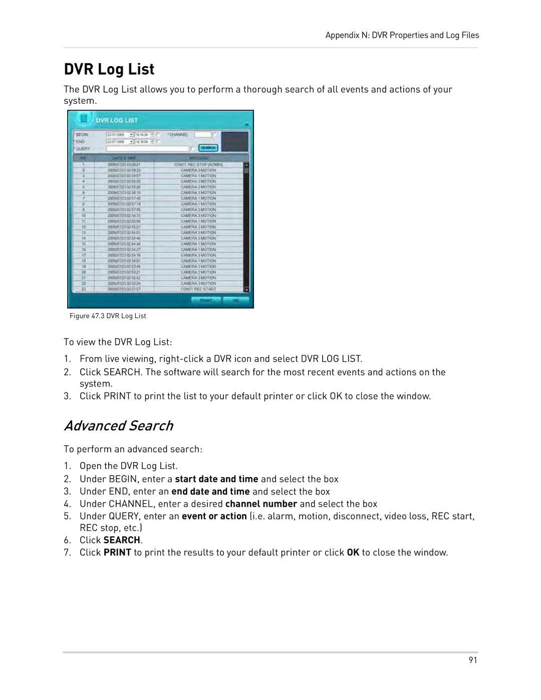 Epson DH200 instruction manual DVR Log List, Advanced Search 