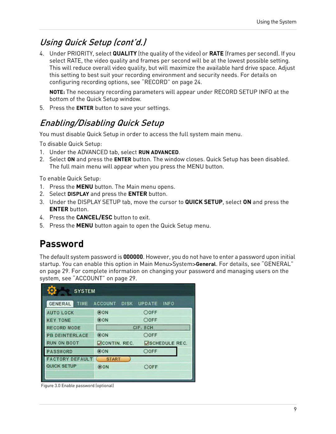 Epson DH200 instruction manual Password, Using Quick Setup cont’d, Enabling/Disabling Quick Setup 