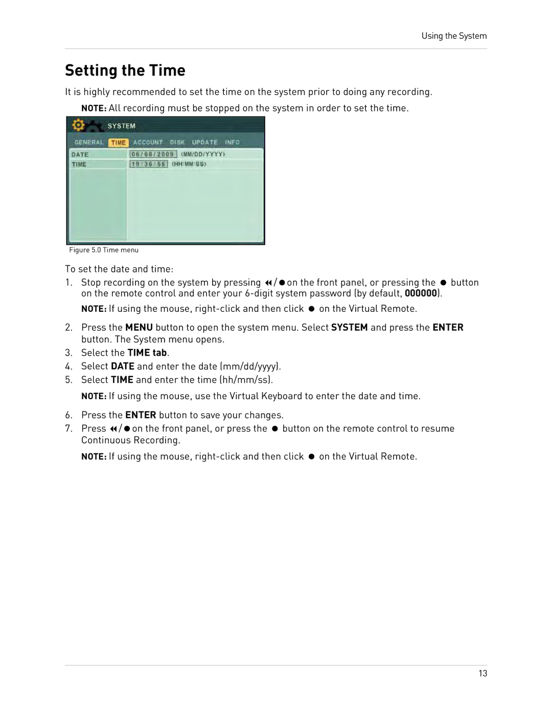 Epson DH200 instruction manual Setting the Time, Time menu 