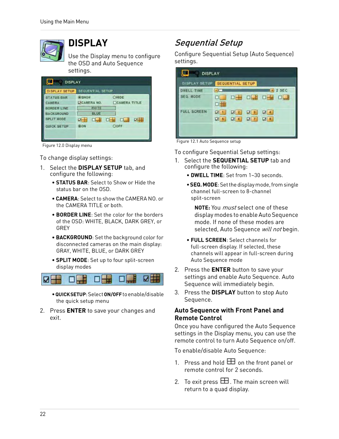 Epson DH200 instruction manual Display, Sequential Setup, Press Enter to save your changes and exit 