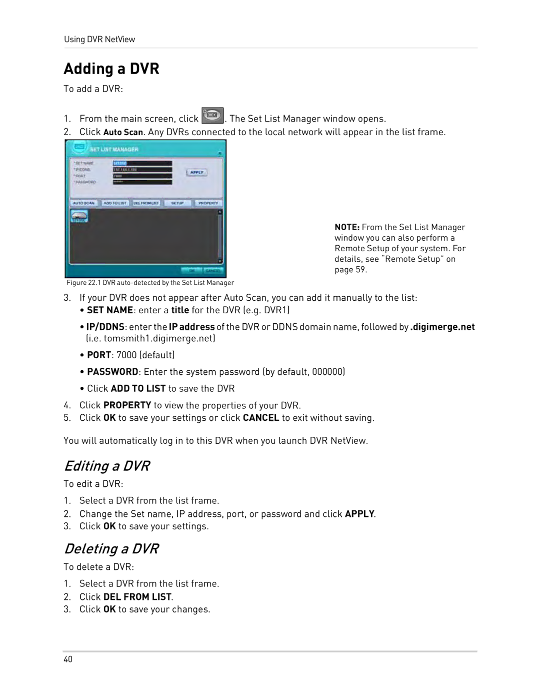 Epson DH200 Adding a DVR, Editing a DVR, Deleting a DVR, To delete a DVR Select a DVR from the list frame 