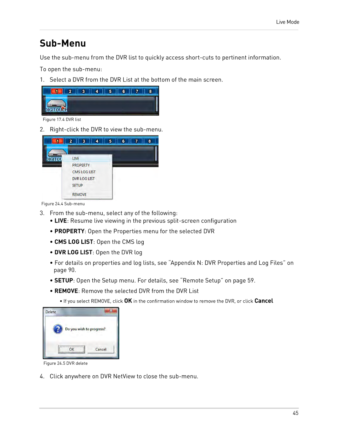 Epson DH200 Sub-Menu, Right-click the DVR to view the sub-menu, Click anywhere on DVR NetView to close the sub-menu 