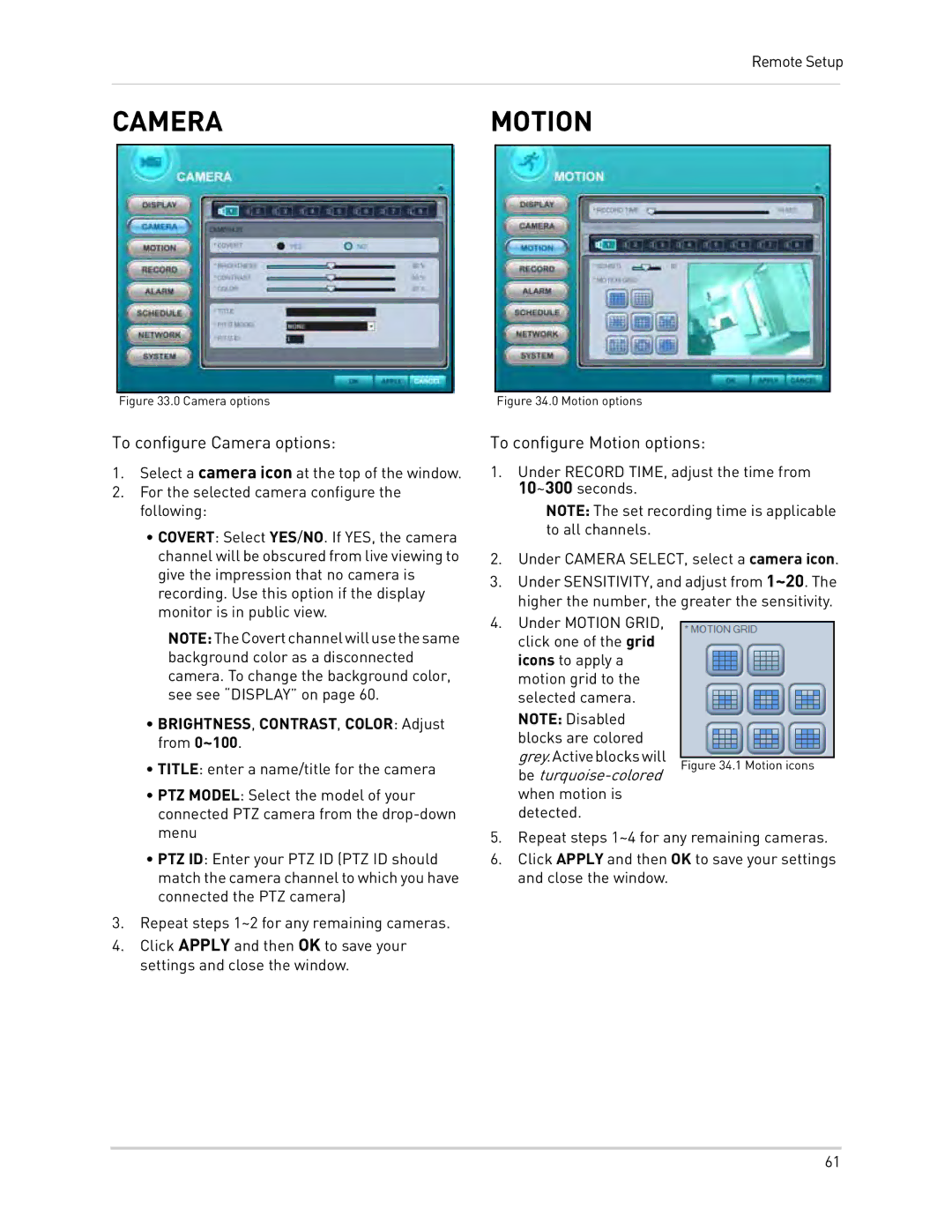 Epson DH200 instruction manual Cameramotion, To configure Camera options, To configure Motion options 