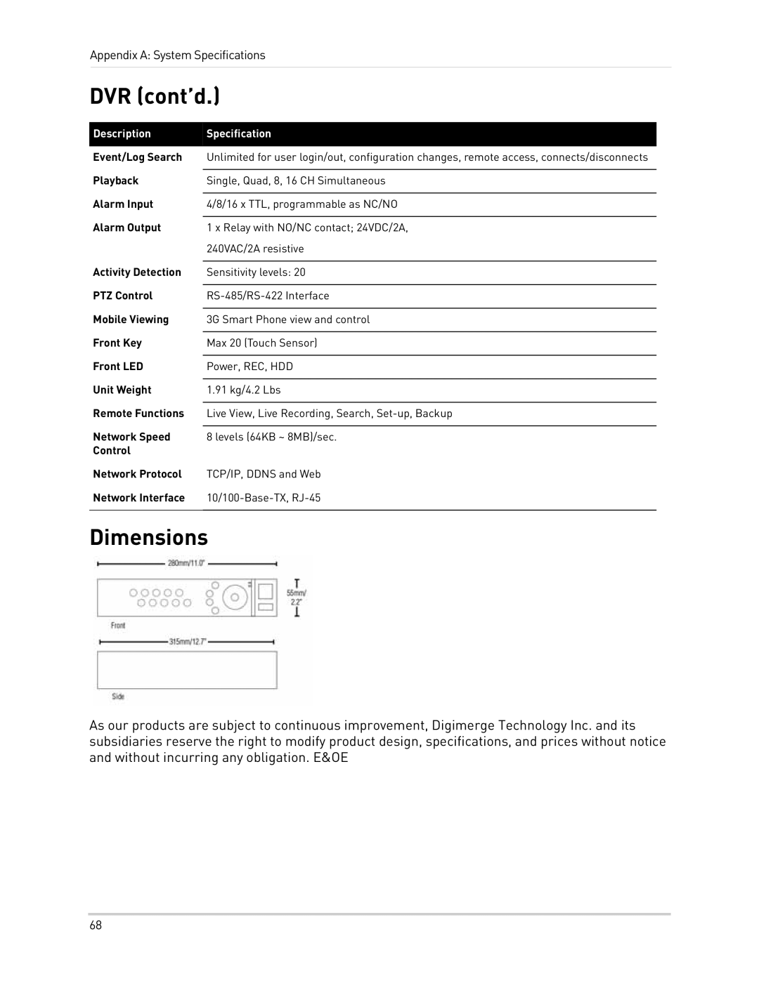 Epson DH200 instruction manual DVR cont’d, Dimensions 