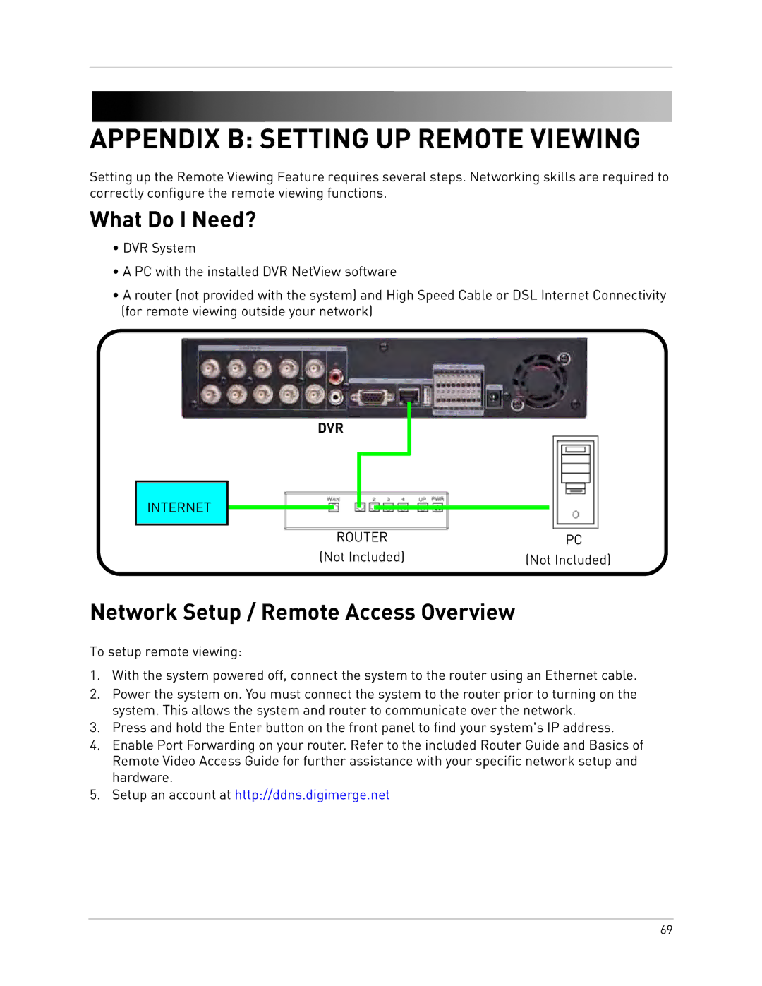 Epson DH200 Appendix B Setting UP Remote Viewing, What Do I Need?, Network Setup / Remote Access Overview, Not Included 