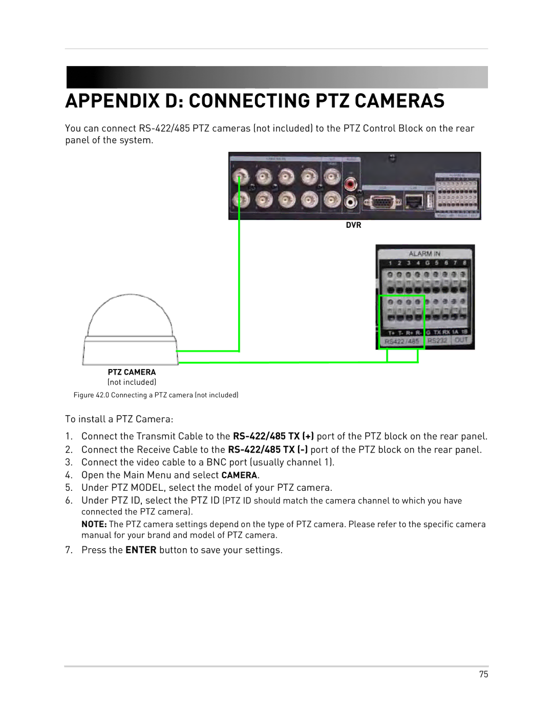 Epson DH200 instruction manual Appendix D Connecting PTZ Cameras, Connecting a PTZ camera not included 