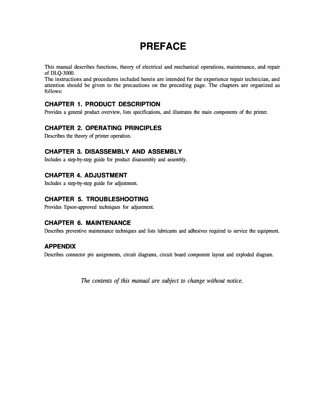 Epson DLQ-3000 Preface, The contents of this manual are subject to change without notice, Product Description, Adjustment 