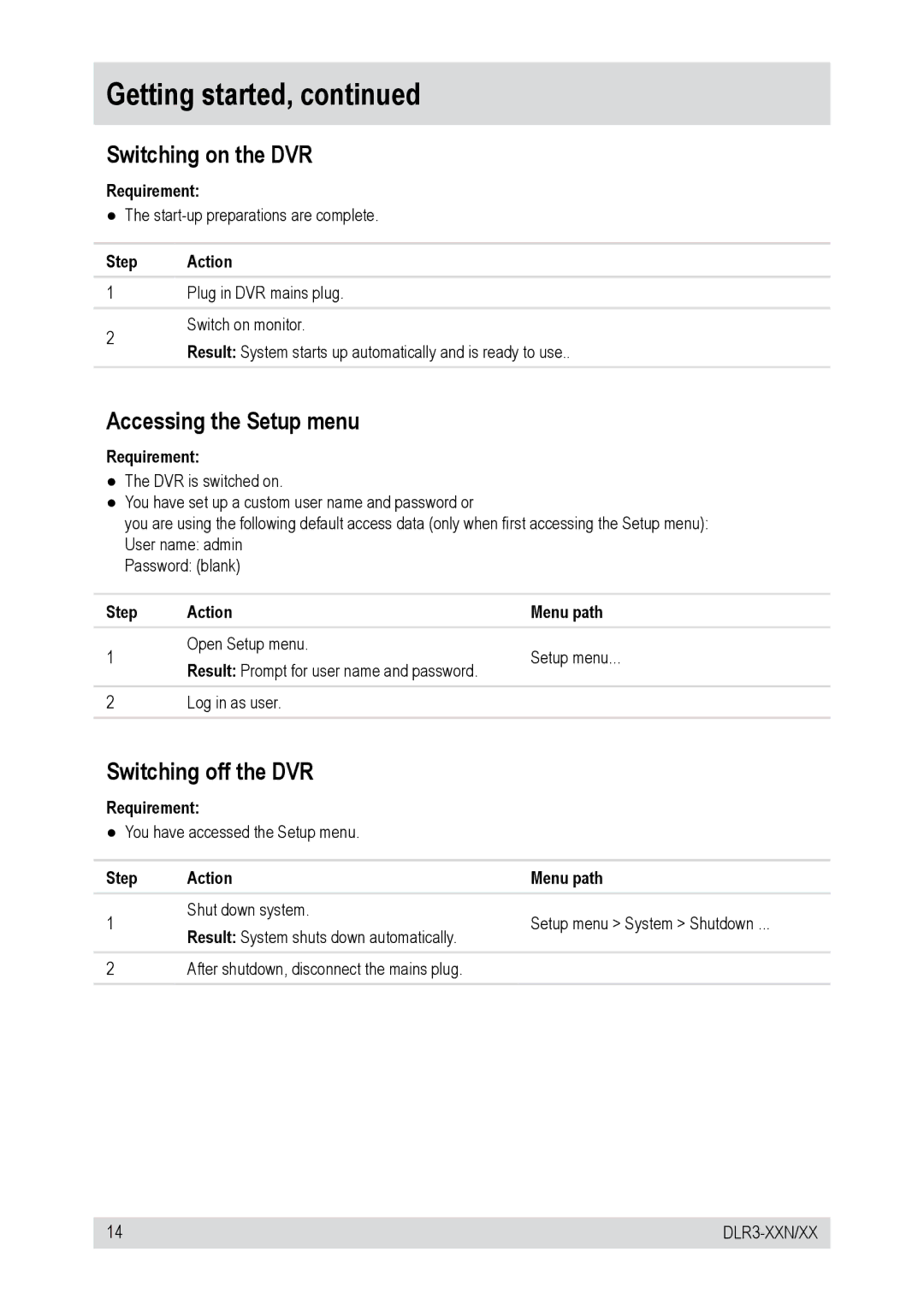 Epson DLR3-16N/410CD manual Switching on the DVR, Accessing the Setup menu, Switching off the DVR, Requirement, Step Action 