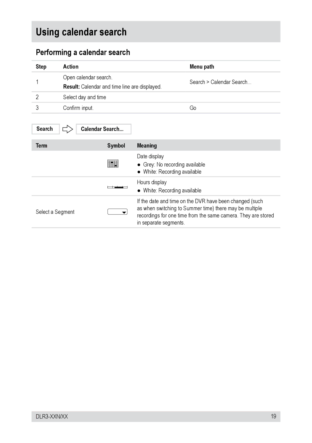 Epson DLR3-08N/160CD manual Using calendar search, Performing a calendar search, Search Term Calendar Search Symbol Meaning 