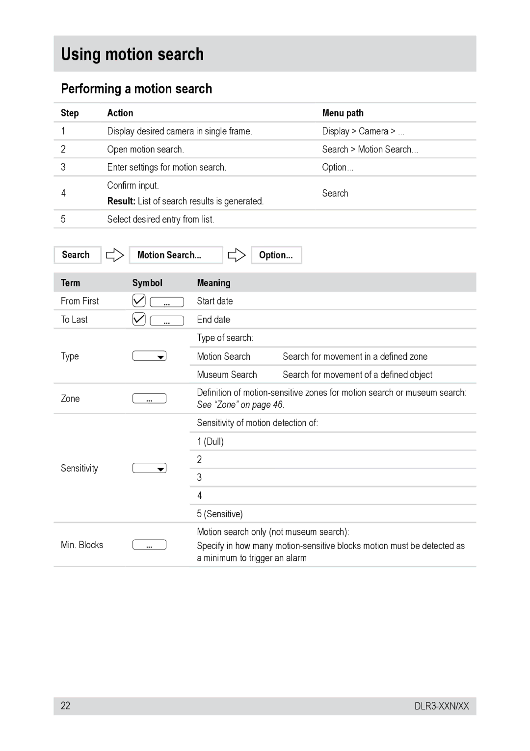 Epson DLR3-16N/660CD Using motion search, Performing a motion search, Search Term Motion Search Symbol Meaning Option 