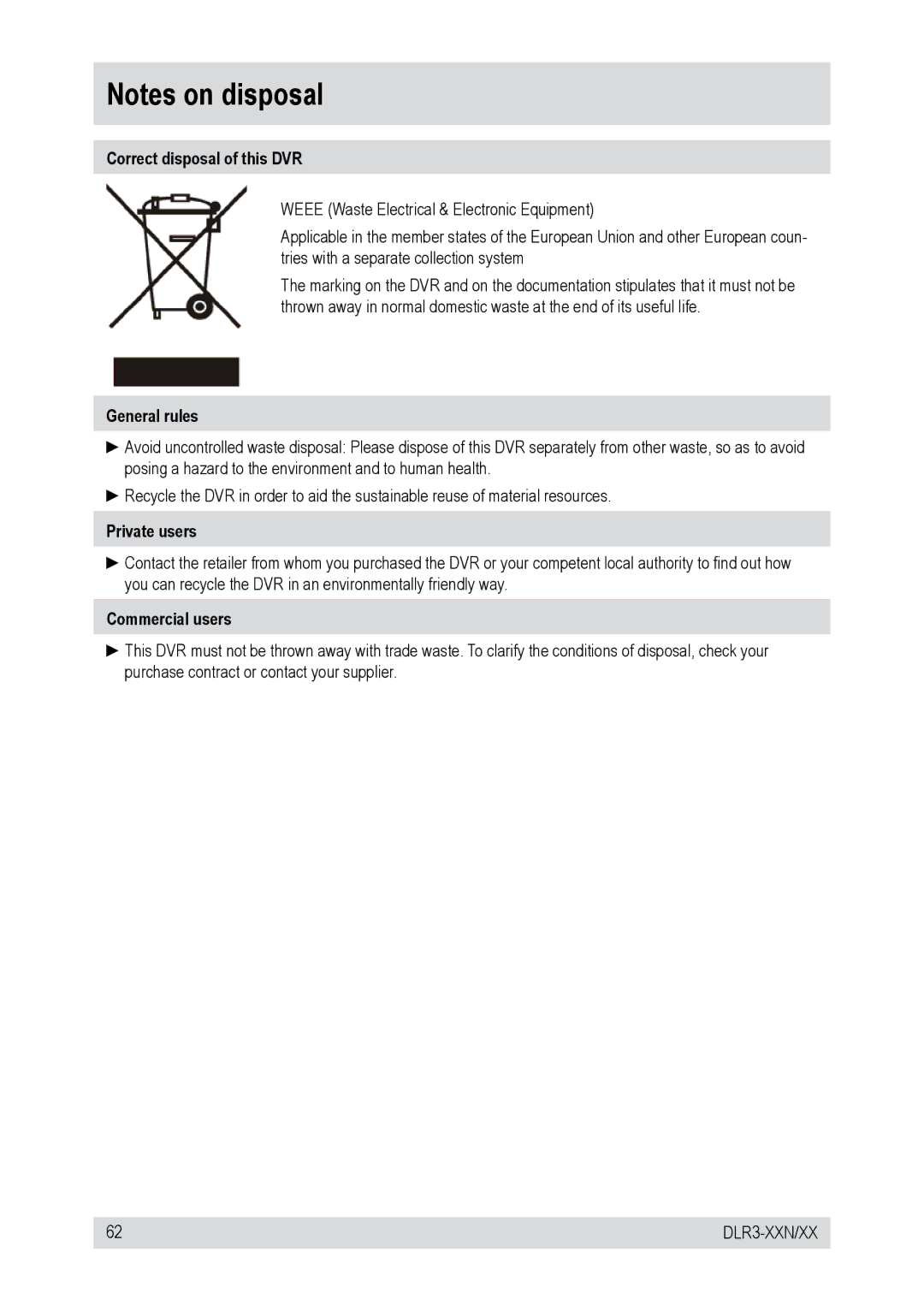 Epson DLR3-16N/410CD, DLR3-16N/160CD manual Correct disposal of this DVR, General rules, Private users, Commercial users 