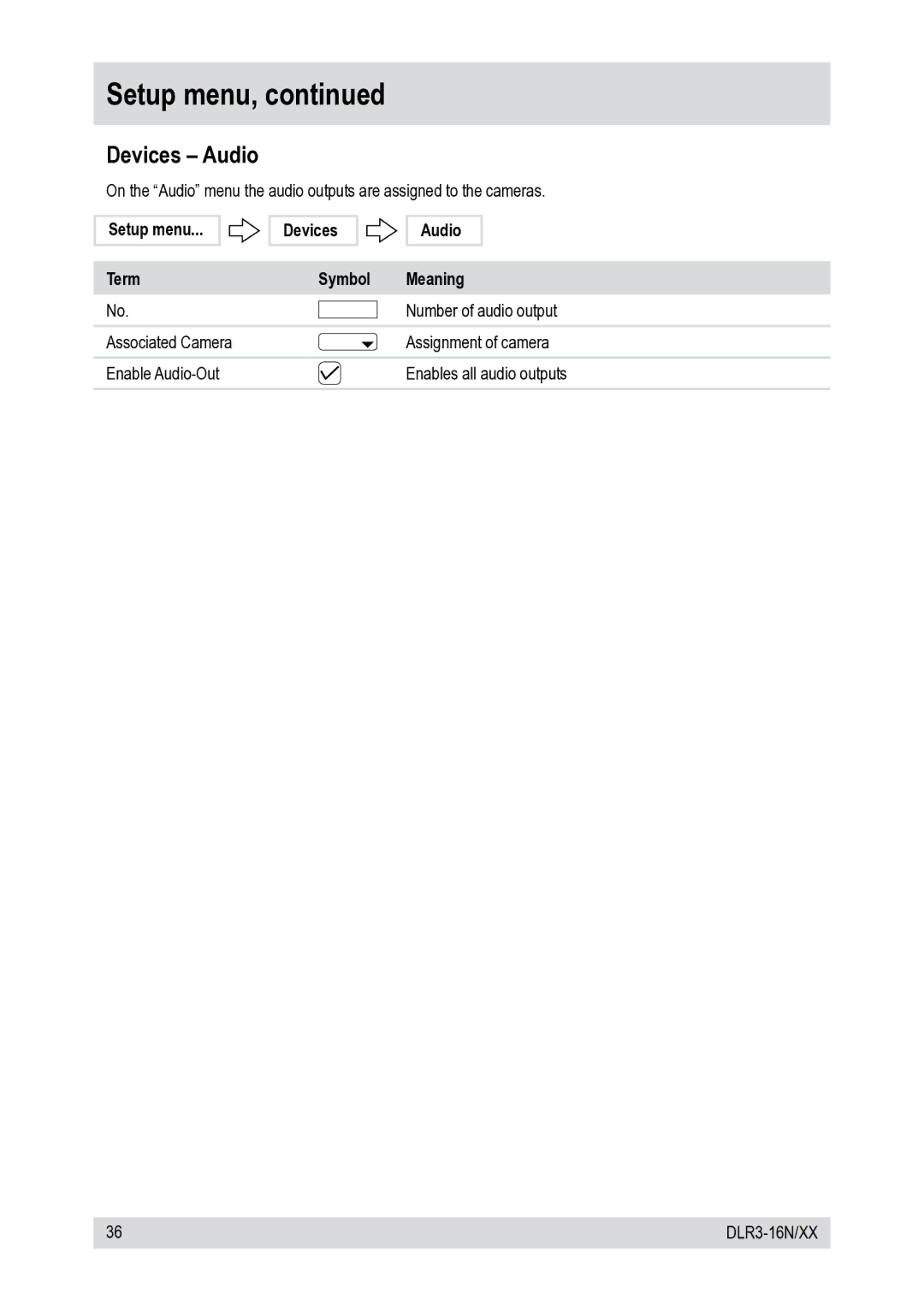 Epson DLR3-16N/410CDV, DLR3-16N/660CDV manual Setup menu Term Devices Audio Symbol Meaning 