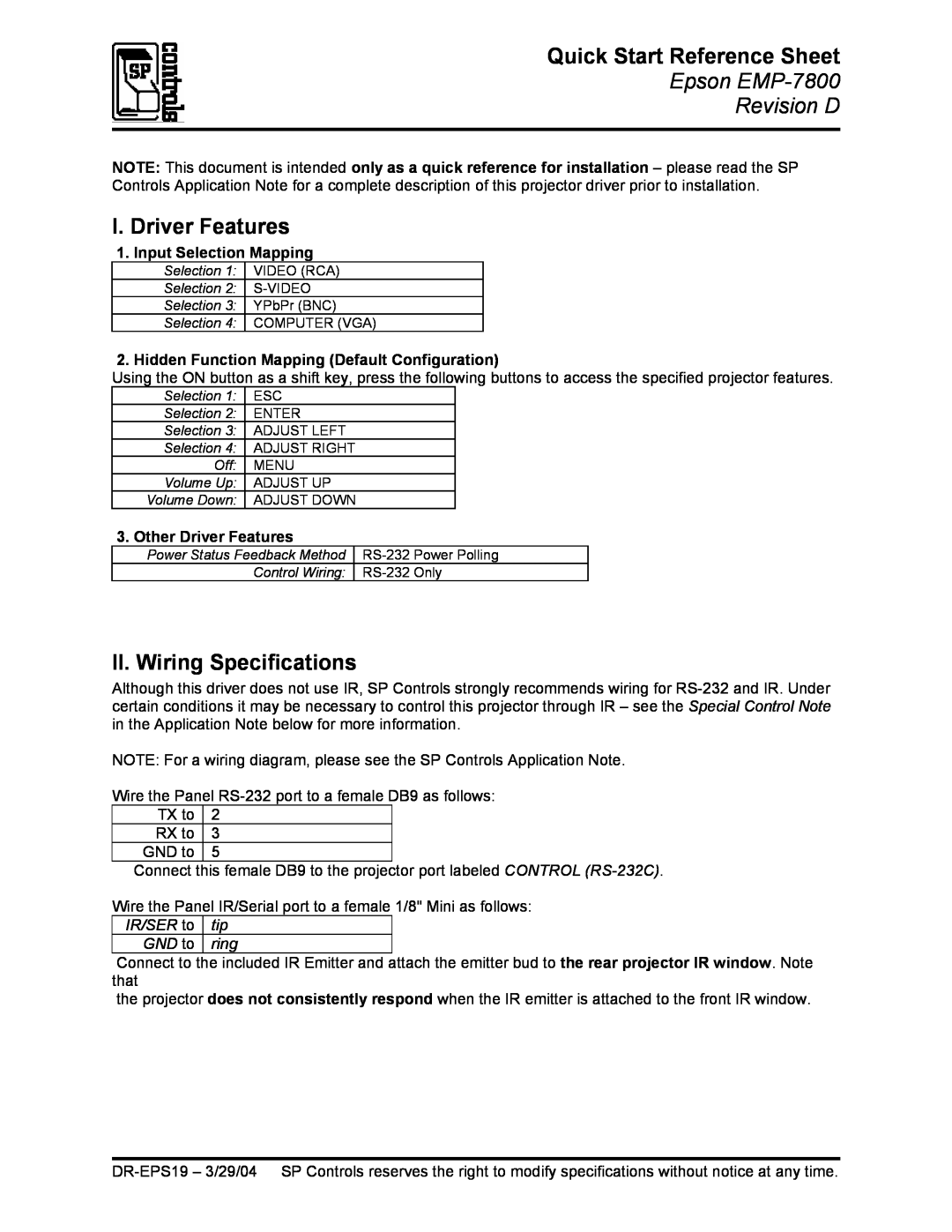 Epson DR-EPS19 quick start Quick Start Reference Sheet, Epson EMP-7800 Revision D, I. Driver Features 