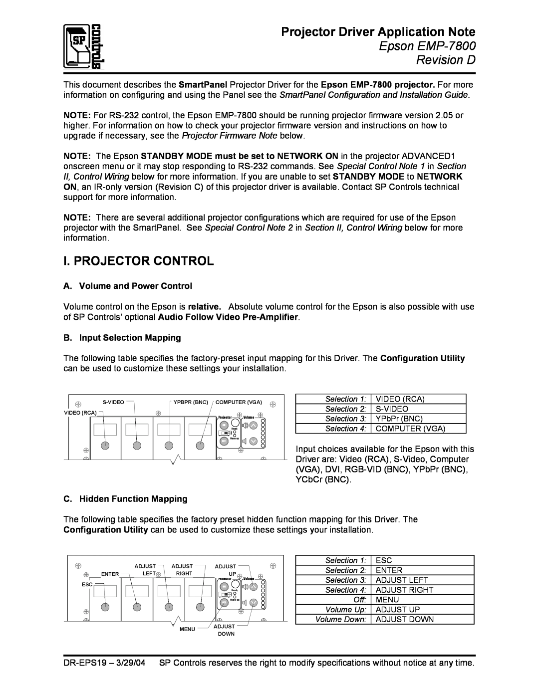 Epson DR-EPS19 quick start Projector Driver Application Note, I. Projector Control, A. Volume and Power Control 