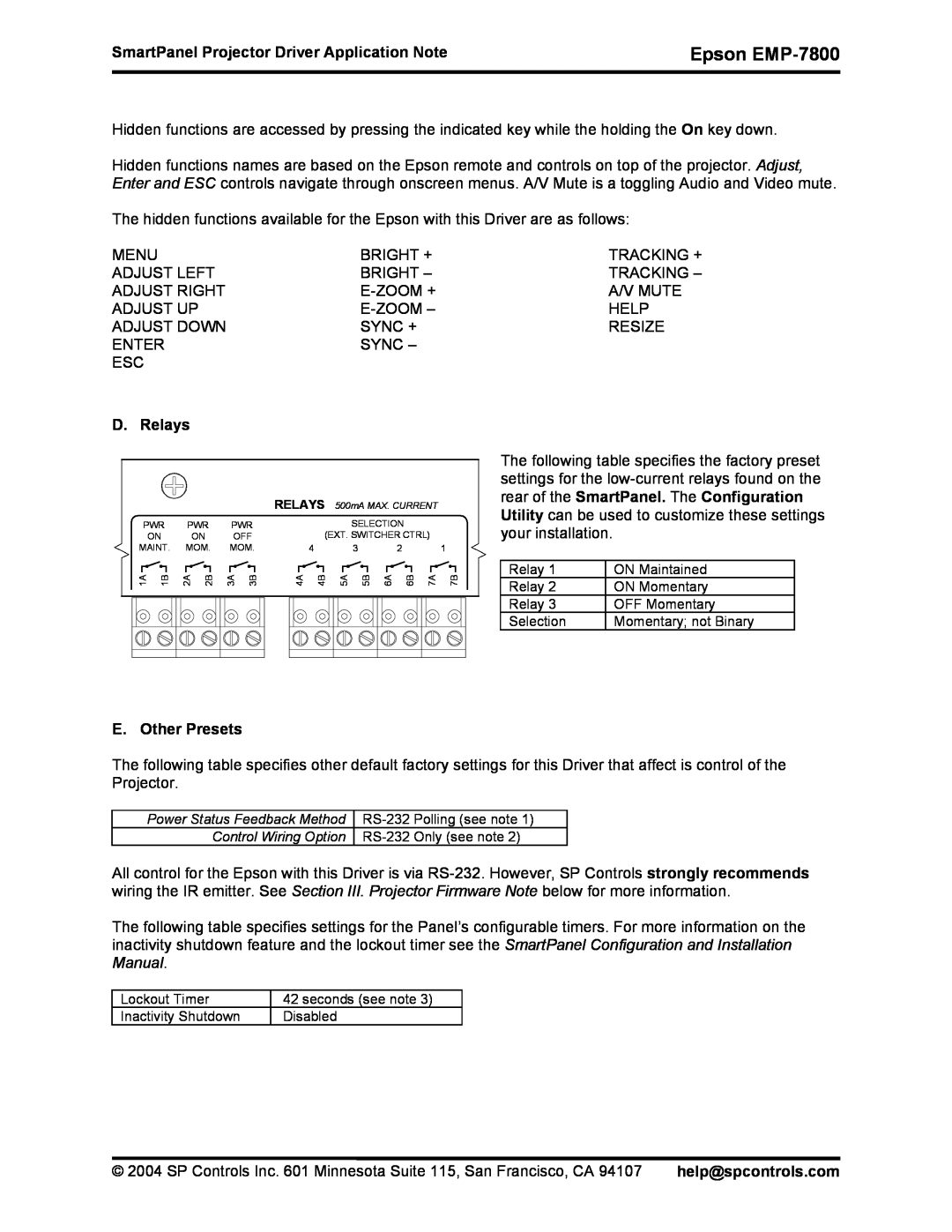 Epson DR-EPS19 quick start D. Relays, E. Other Presets, Epson EMP-7800, SmartPanel Projector Driver Application Note 