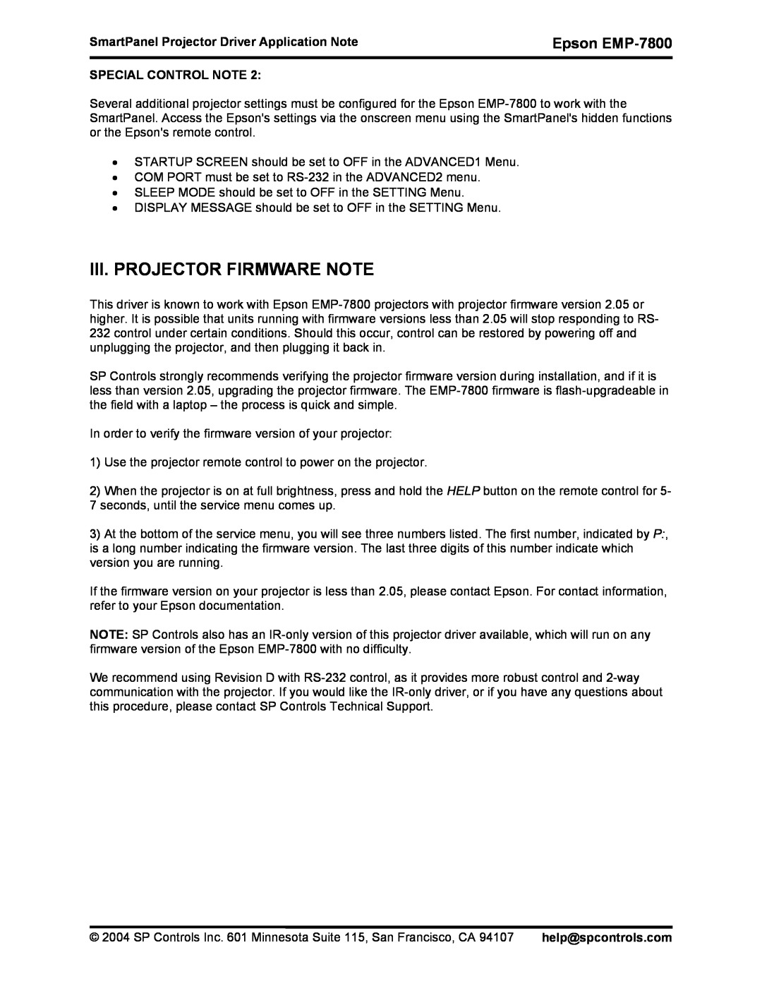 Epson DR-EPS19 quick start Iii.Projector Firmware Note, Epson EMP-7800, SmartPanel Projector Driver Application Note 