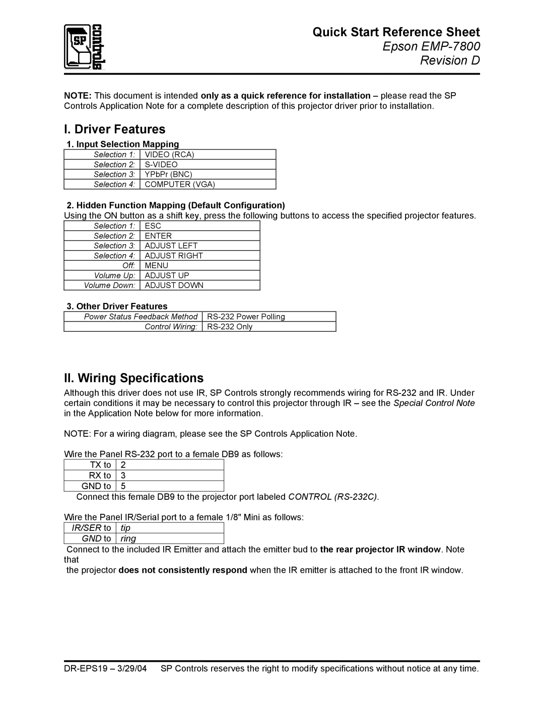 Epson DR-EPS19 quick start Quick Start Reference Sheet, Driver Features, II. Wiring Specifications 