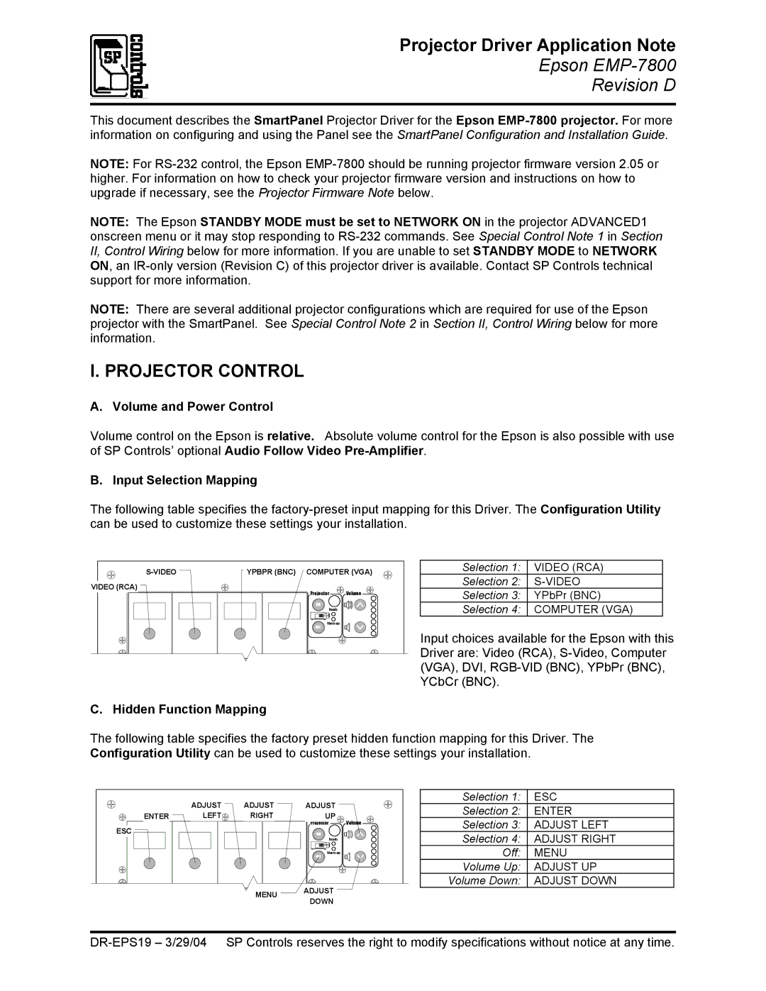 Epson DR-EPS19 Projector Driver Application Note, Projector Control, Volume and Power Control, Hidden Function Mapping 