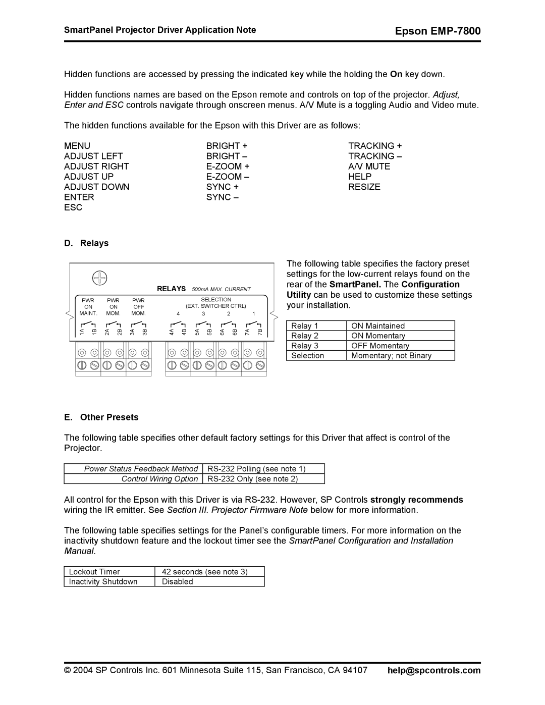 Epson DR-EPS19 quick start Relays, Other Presets 