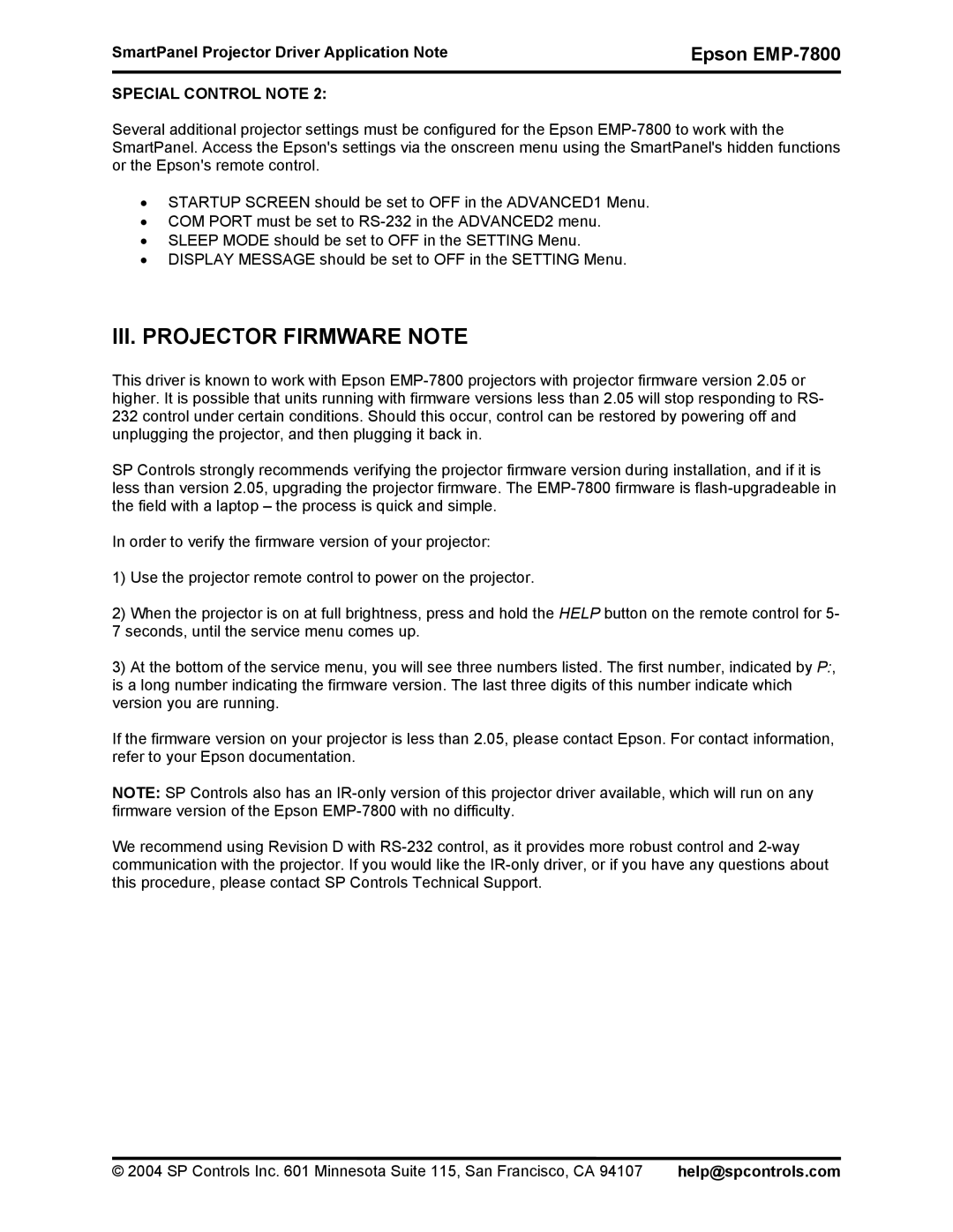 Epson DR-EPS19 quick start III. Projector Firmware Note 