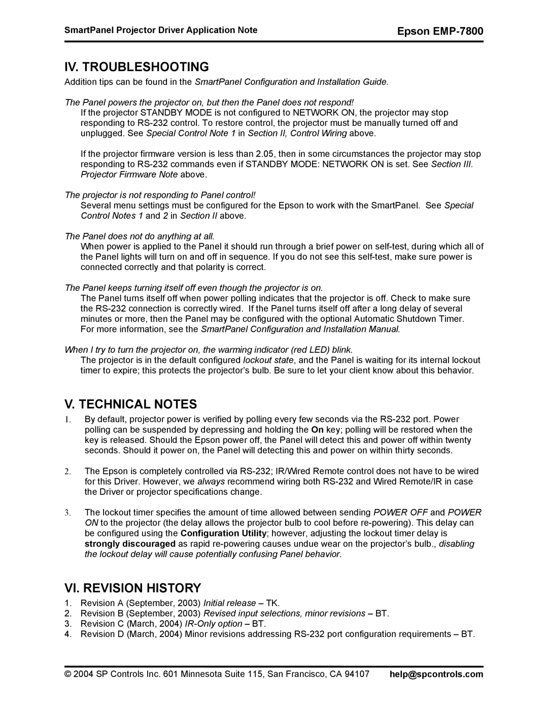 Epson DR-EPS19 IV. Troubleshooting, Technical Notes, VI. Revision History, Projector is not responding to Panel control 